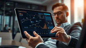 Analyst reviewing a crypto presale token launch dashboard on a digital tablet.