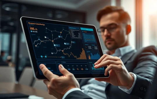 Analyst reviewing a crypto presale token launch dashboard on a digital tablet.