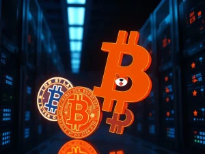 Analysis of the next big crypto plays: BlockDAG, Dogecoin, Shiba Inu, and Pepe symbols in a data center.