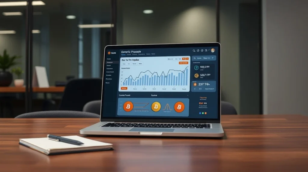 A laptop displays a generic crypto presale dashboard interface in a professional setting.