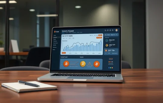 A laptop displays a generic crypto presale dashboard interface in a professional setting.