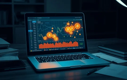 Editorial image of a blockchain interface and digital tokens on a laptop screen.
