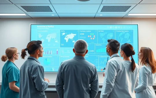 Healthcare professionals analyzing data in a modern hospital IT control room, representing the North America Healthcare IT market growth.