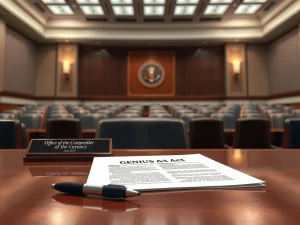 OCC document for GENIUS Act stablecoin proposal feedback stage on a hearing room table.