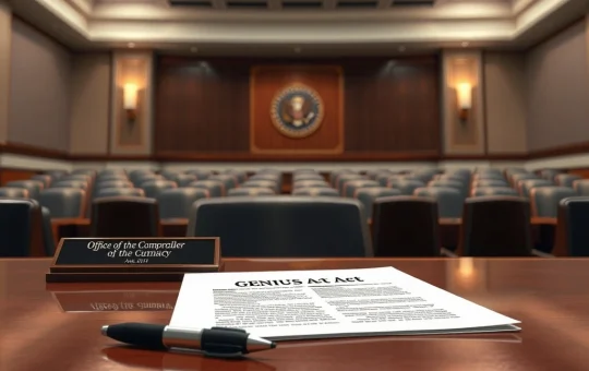 OCC document for GENIUS Act stablecoin proposal feedback stage on a hearing room table.
