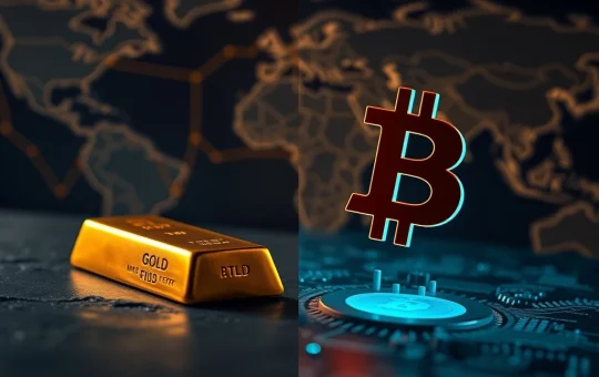 Gold bullion and Bitcoin symbol as competing safe-haven assets during oil price surge and geopolitical risk.