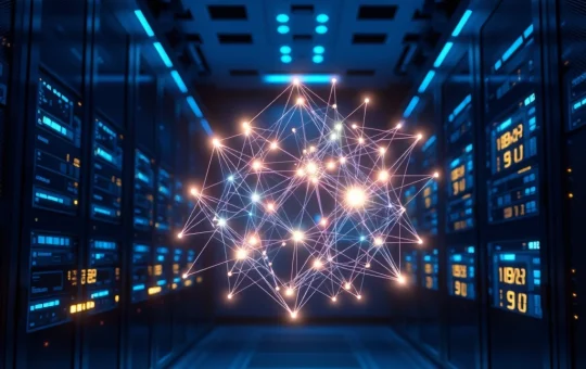 AI neural network interacting with blockchain servers in OKX OnchainOS upgrade for autonomous trading.