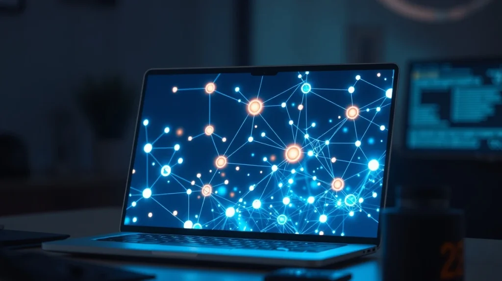 Laptop screen showing blockchain and AI safety protocol visualizations for crypto projects.