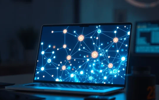 Laptop screen showing blockchain and AI safety protocol visualizations for crypto projects.
