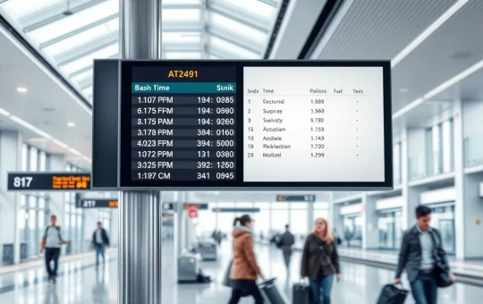 Modern digital passenger information display in a transportation hub showing real-time travel updates.