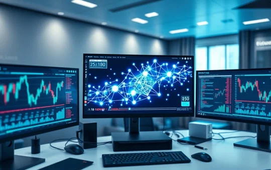 Cryptocurrency presale data and blockchain visualization on trading desk monitors