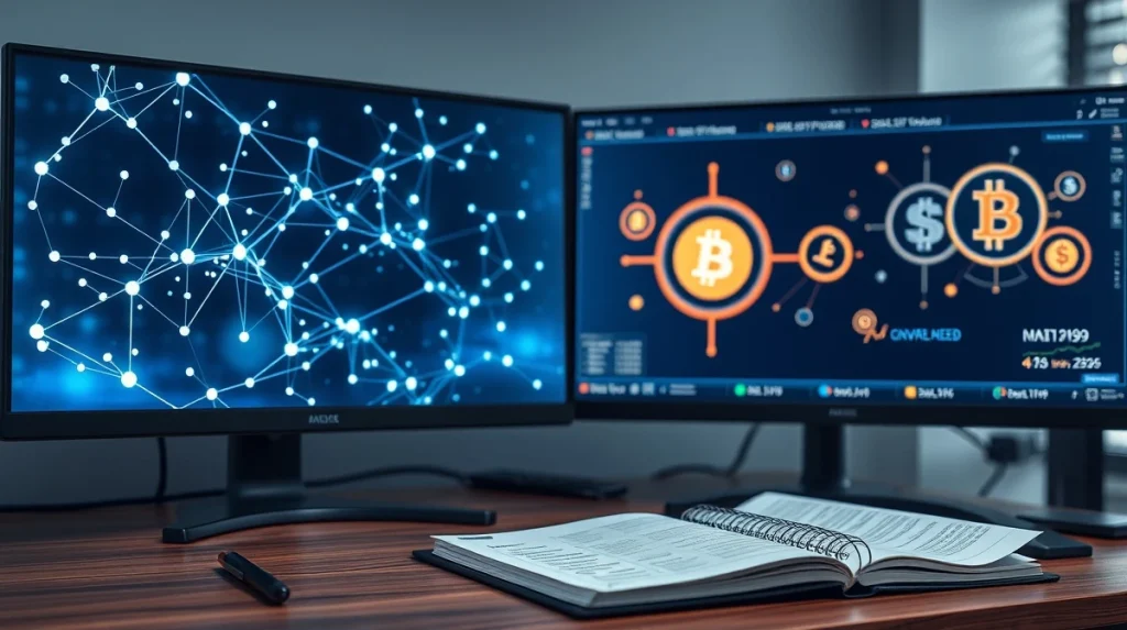 Analyst desk with screens showing blockchain visualization and crypto tokens for Pepeto presale news.