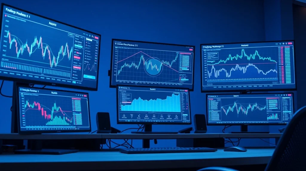 Analyst monitors cryptocurrency presale data and blockchain infrastructure metrics on trading desk screens.