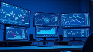 Analyst monitors cryptocurrency presale data and blockchain infrastructure metrics on trading desk screens.