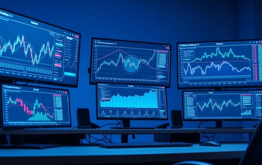 Analyst monitors cryptocurrency presale data and blockchain infrastructure metrics on trading desk screens.