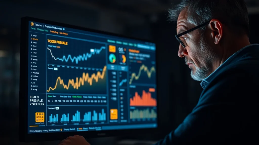 Investor analyzing Pepeto token presale data and blockchain visualizations on a digital screen.