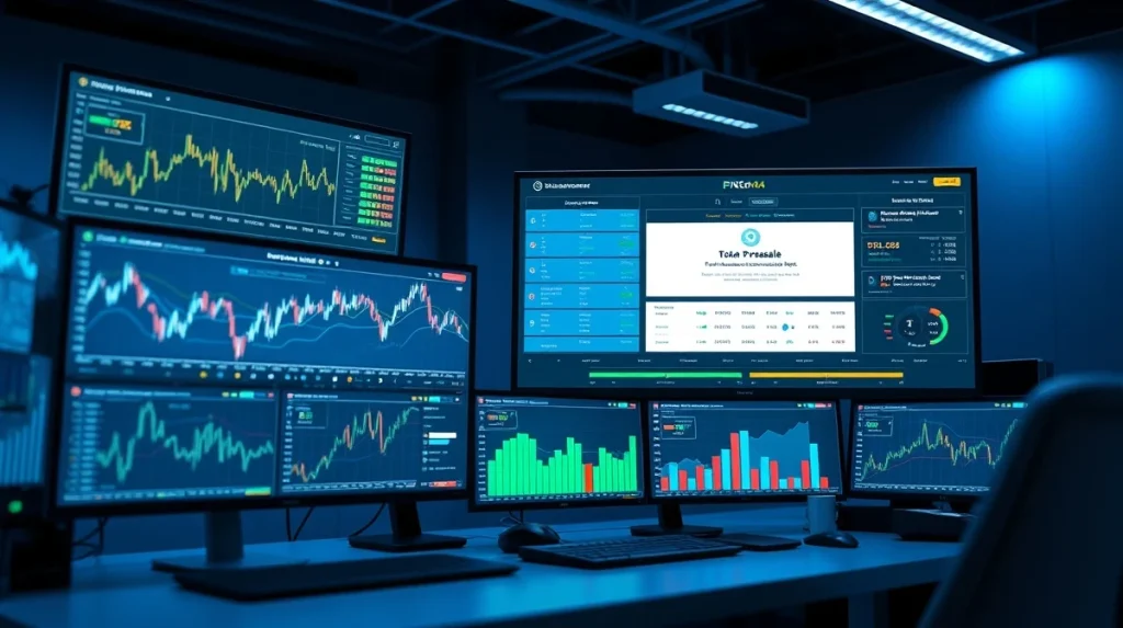 Cryptocurrency trading desk showing token presale analytics and blockchain data visualization