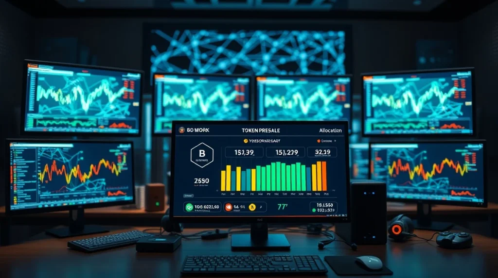 Cryptocurrency presale dashboard showing token allocation and blockchain data visualization
