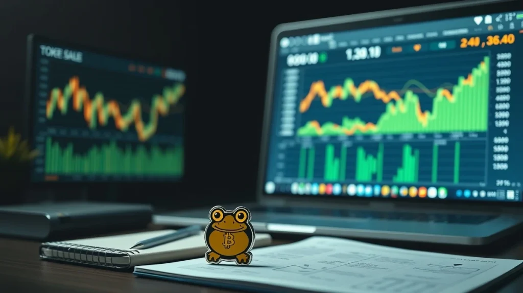 Professional workspace showing digital charts and a token representing the Pepeto crypto presale.