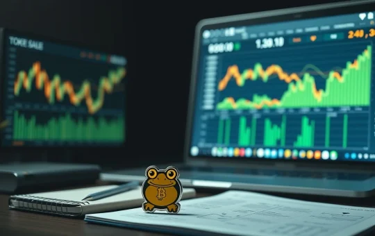 Professional workspace showing digital charts and a token representing the Pepeto crypto presale.