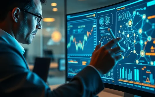 Professional investor analyzing cryptocurrency presale data and tokenomics on a digital interface.