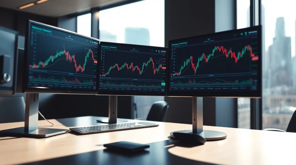 Cryptocurrency trading desk monitors showing market data for Pepeto and Dogecoin.