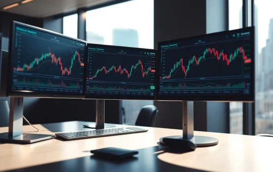 Cryptocurrency trading desk monitors showing market data for Pepeto and Dogecoin.