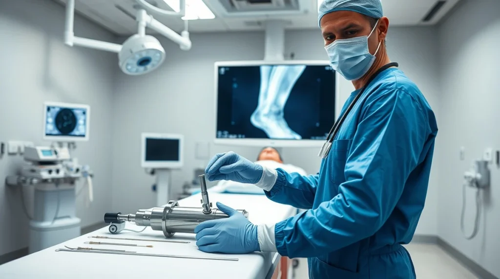 Medical professional preparing a peripheral vascular stent in a modern catheterization lab.