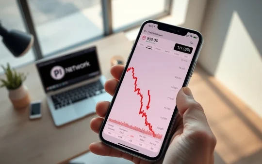 Smartphone showing Pi Coin's 10% price drop on a trading chart ahead of Pi Day 2026.