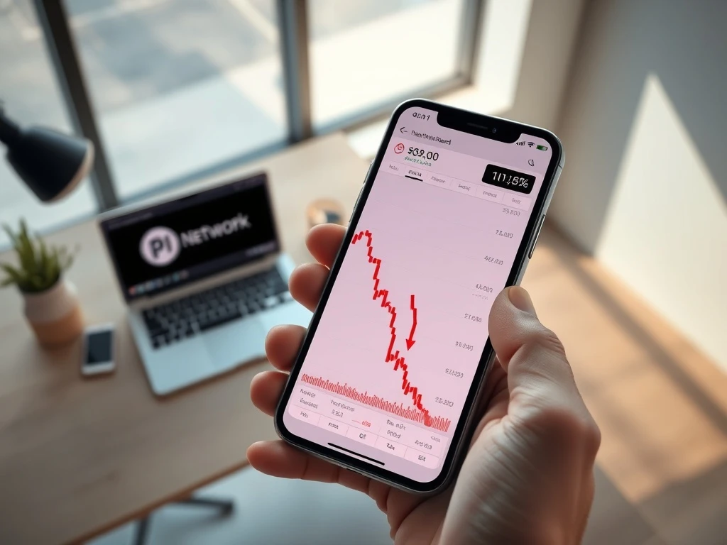 Smartphone showing Pi Coin's 10% price drop on a trading chart ahead of Pi Day 2026.