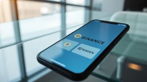 Smartphone showing cryptocurrency exchange apps including Binance and Kraken