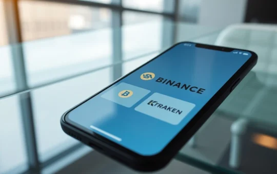 Smartphone showing cryptocurrency exchange apps including Binance and Kraken