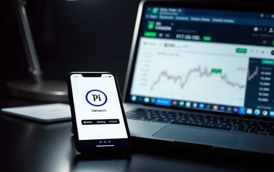 Smartphone with Pi Network app and laptop showing Kraken exchange listing for PI token.