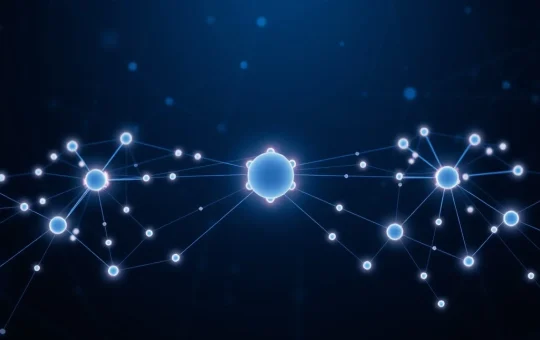 Pi Network v19.9 mainnet upgrade symbolized by an interconnected node network.