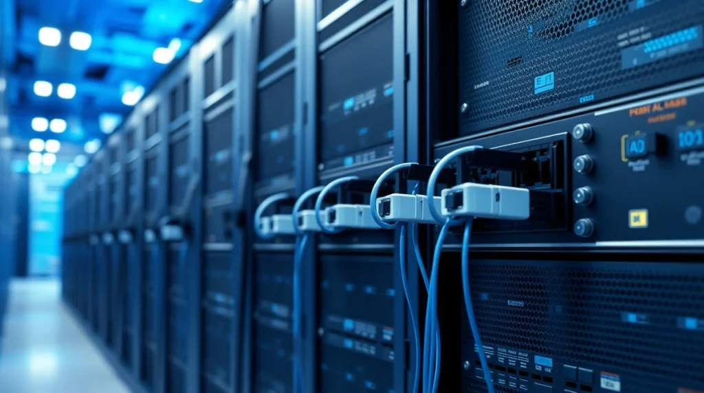 Pluggable optical transceiver modules in modern data center infrastructure supporting AI and 5G networks.