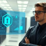 Cybersecurity analyst reviewing post-quantum blockchain security protocols for financial institutions