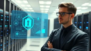 Cybersecurity analyst reviewing post-quantum blockchain security protocols for financial institutions