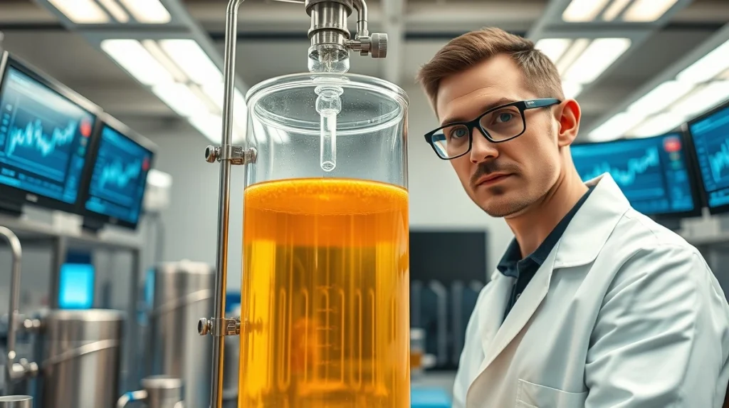 Scientist monitoring a precision fermentation bioreactor in a food technology lab for sustainable protein production.