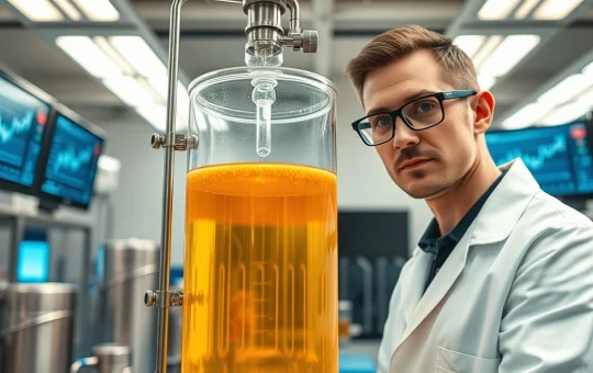Scientist monitoring a precision fermentation bioreactor in a food technology lab for sustainable protein production.