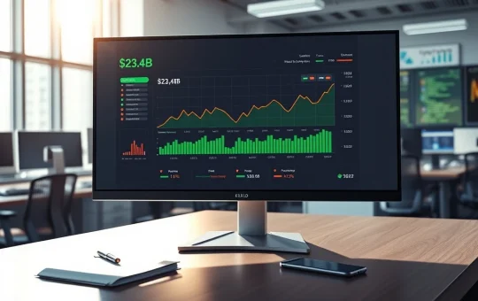 Financial dashboard showing prediction market data with $23.4 billion trading volume for February 2026