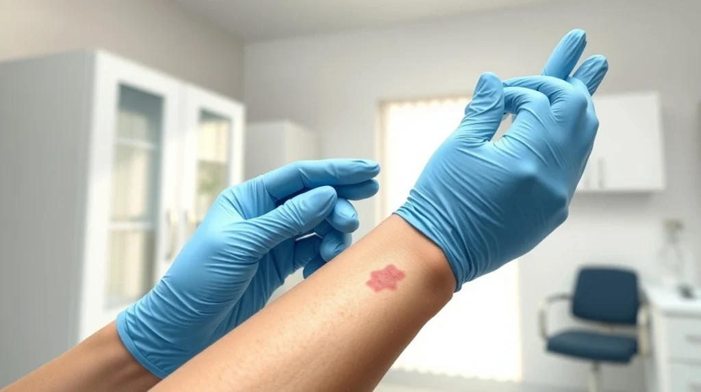 Dermatologist treating psoriasis on a patient's arm in a clinical setting, representing the growing treatment market.