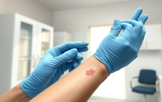 Dermatologist treating psoriasis on a patient's arm in a clinical setting, representing the growing treatment market.