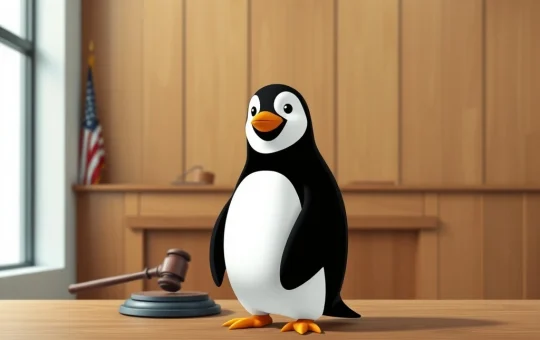 Pudgy Penguins NFT character in a courtroom during the penguin trademark lawsuit.