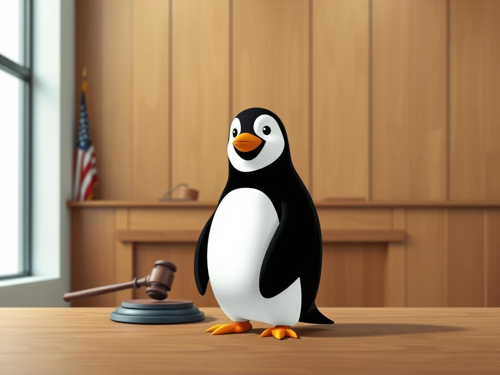 Pudgy Penguins NFT character in a courtroom during the penguin trademark lawsuit.