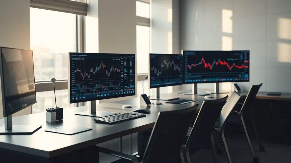Analyst reviewing Quant Network QNT price charts and blockchain data on trading monitors.