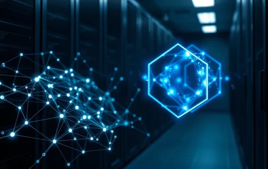 Quantum computing threat to Bitcoin and XRP blockchain networks visualized in a secure data center.