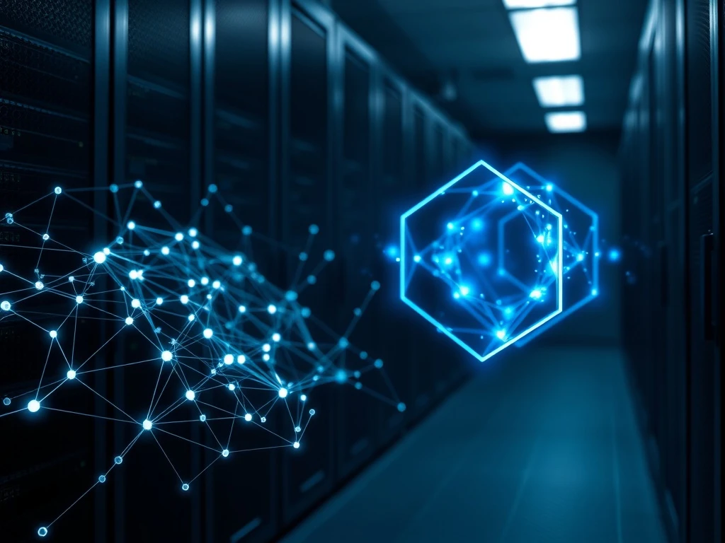 Quantum computing threat to Bitcoin and XRP blockchain networks visualized in a secure data center.