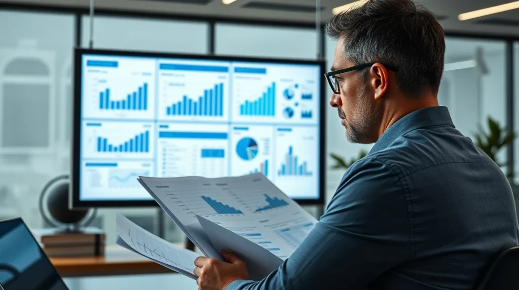 Analyst reviewing QY Research market reports on digital screen in professional office setting.