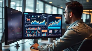 Analyst reviewing operator orchestration platform market data and forecasts on a computer screen.
