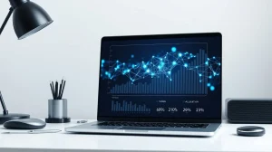 Laptop screen displaying QY Research tokenomics and blockchain visualization for the concluded presale.